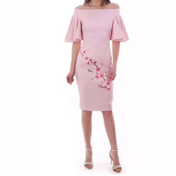 TED BAKER CALINDA SOFT BLOSSOM BARDOT DRESS PINK - Picture 3 of 14